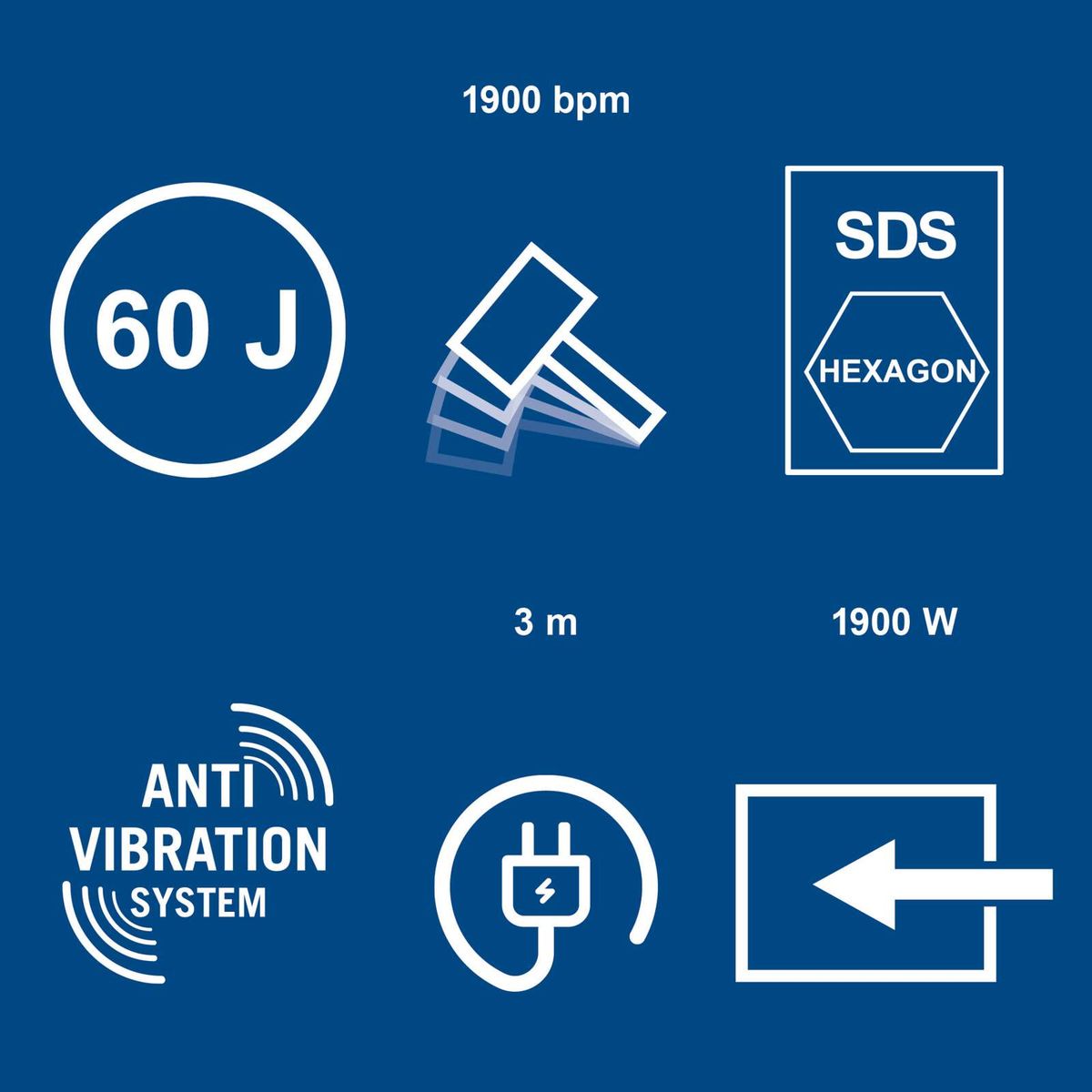 Wichtige technische Daten und Funktionen des Scheppach-Abruchhammers: 1900 BPM, 1900 Watt, 60 Joule, SDS-Hexagon-Schraubverbindung, Reichweite von 3 Metern, Anti-Vibration-System, Elektrobetankung