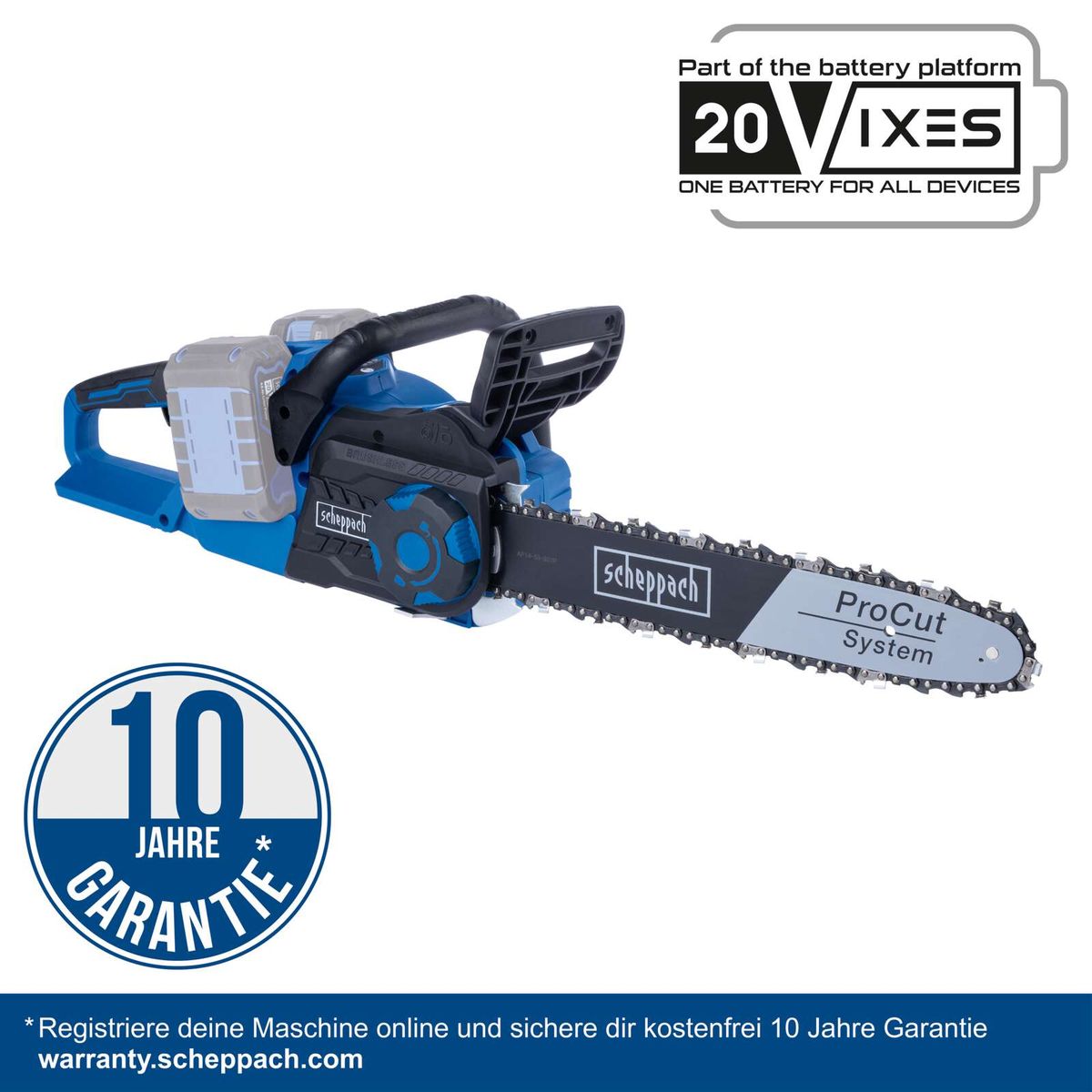 Scheppach Akku-Kettensäge mit 10-jähriger Garantie, ProCut-System und 20V-Batterieplattform