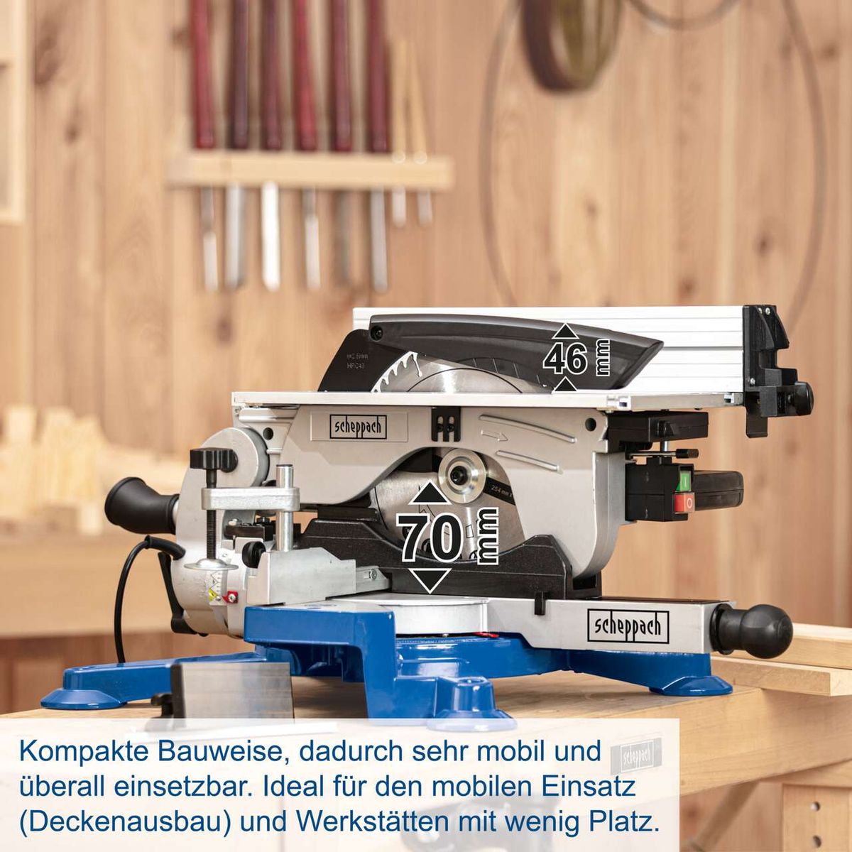 Die Tisch-Kappsäge HM100T von Scheppach ist kompakt und mobil einsetzbar. Ideal für den mobilen Einsatz und Werkstätten mit wenig Platz. Sie bietet eine Schnittkapazität von 46 mm bei 90° und 70 mm bei 45°.