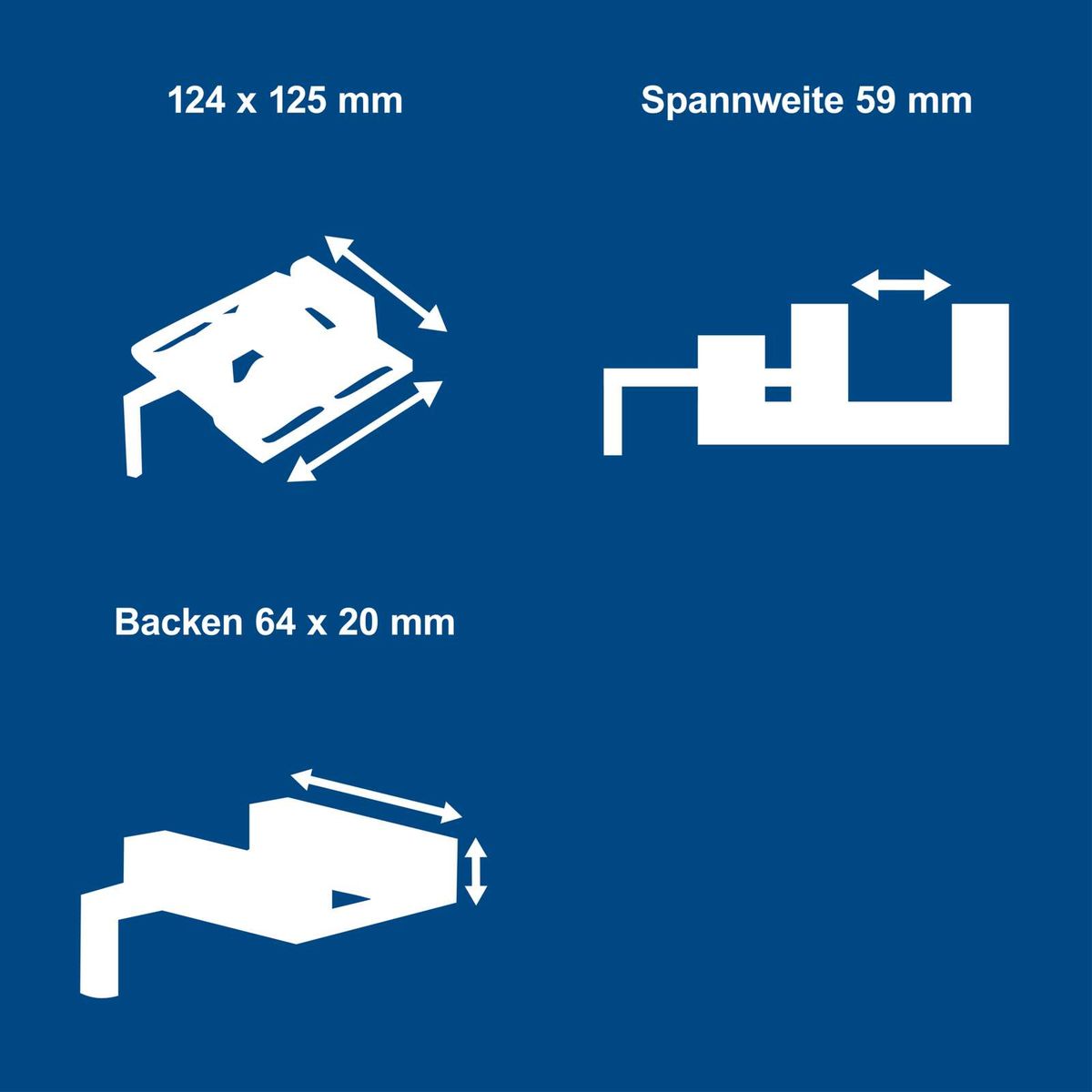 Technische Maße für Werkzeugteile: 124 x 125 mm, Spannweite 59 mm, Backen 64 x 20 mm mit Bewegungsrichtungen