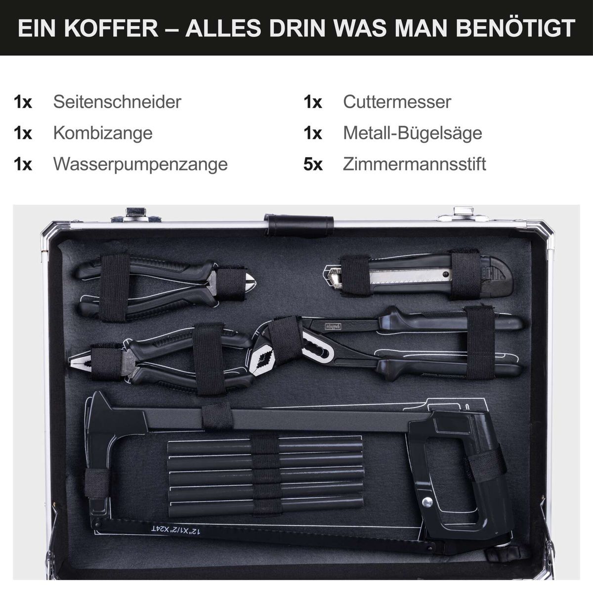 Der Werkzeugkoffer WZB200-BE von Scheppach enthält: Seitenschneider, Kombizange, Wasserpumpenzange, Cuttermesser, Metallbügelsäge und 5 Zimmermannsnägel. Alle Werkzeuge sind im robusten Aluminiumkoffer verstaut.
