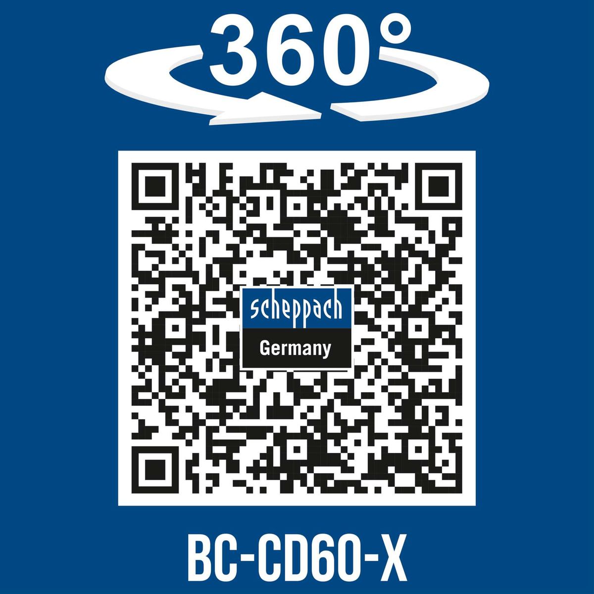 360°-Drehfunktion für präzise Bearbeitung; QR-Code für Scheppach-Deutschland; BC-CD60-X Akku-Schlagbohrmaschine