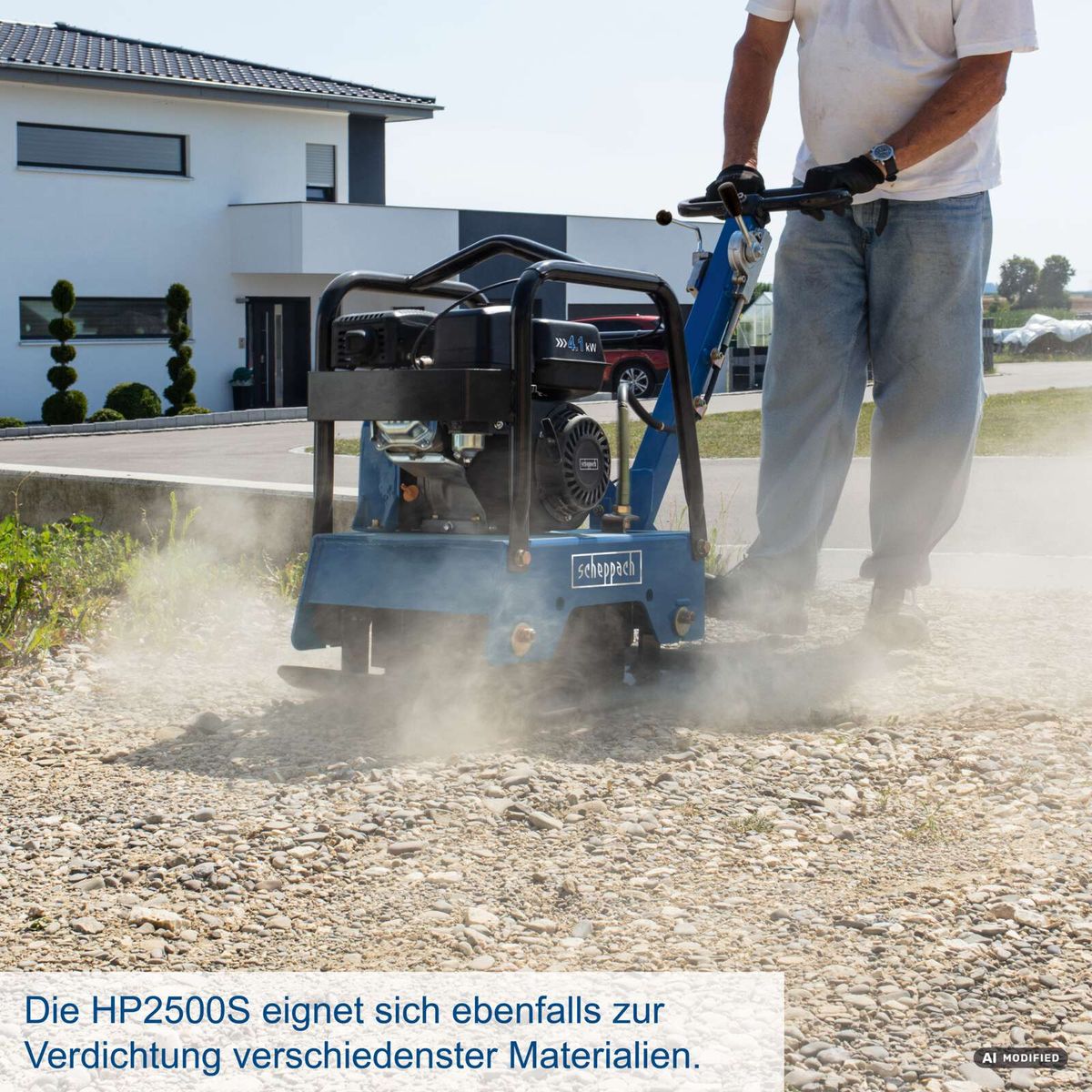 Scheppach HP2500S-Verdichtungsplatte mit Gummimatte und Fahrvorrichtung, zur Verdichtung verschiedener Materialien