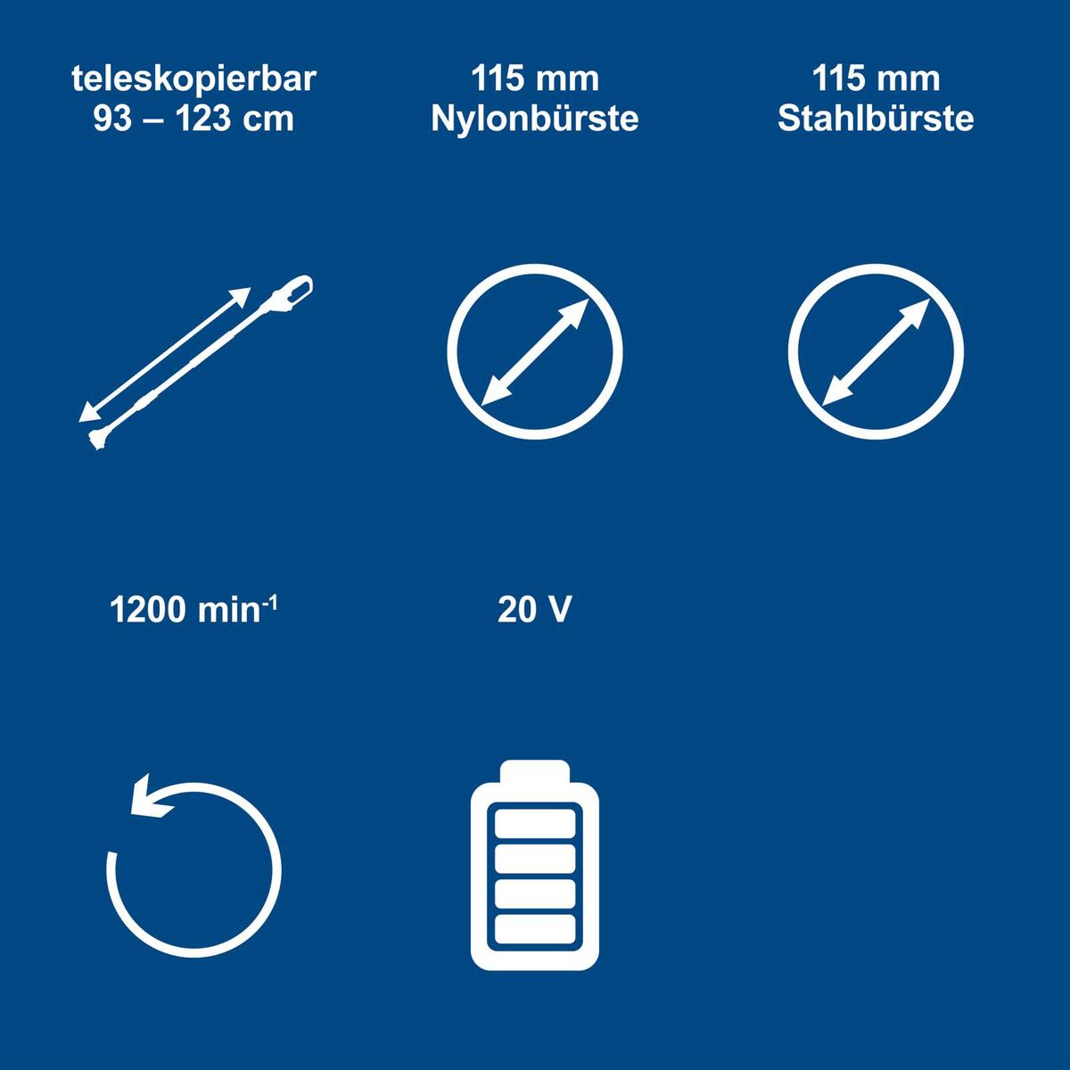 Akku-Unkrautfugenbürste mit teleskopierbarem Griff (93–123 cm), 115 mm Nylon-/Stahlbürste, 1200 min⁻¹, 20 V, Lithium-Ionen-Akku