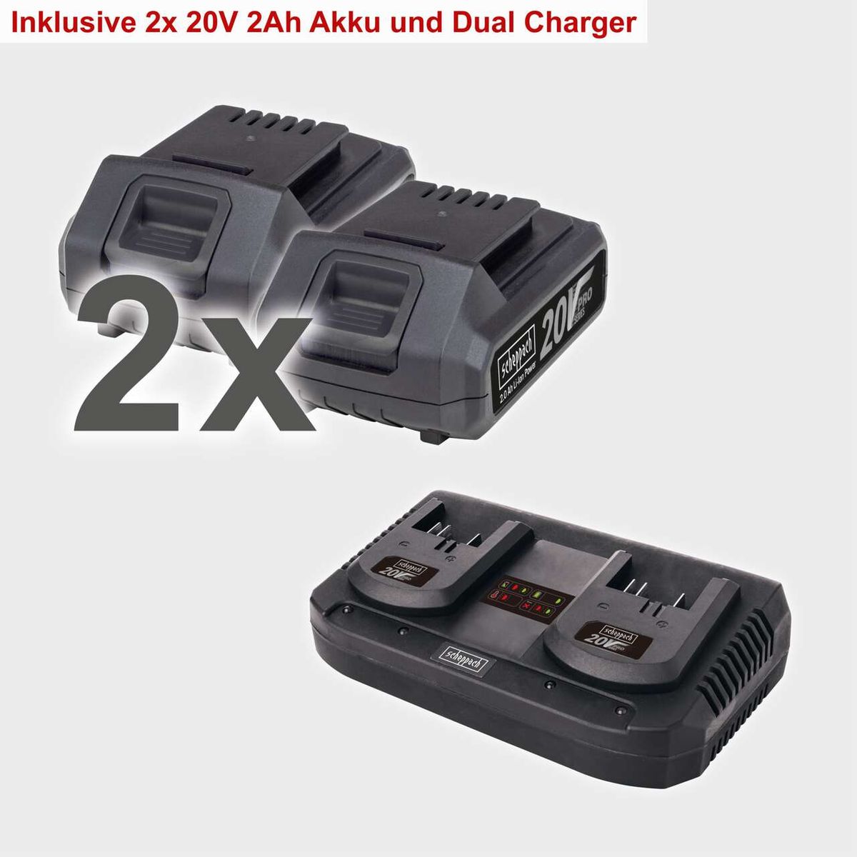 Inklusive 2x 20V 2Ah Akku und Dual Charger für den Akku-Rasenmäher BMP380-ProS von Scheppach.