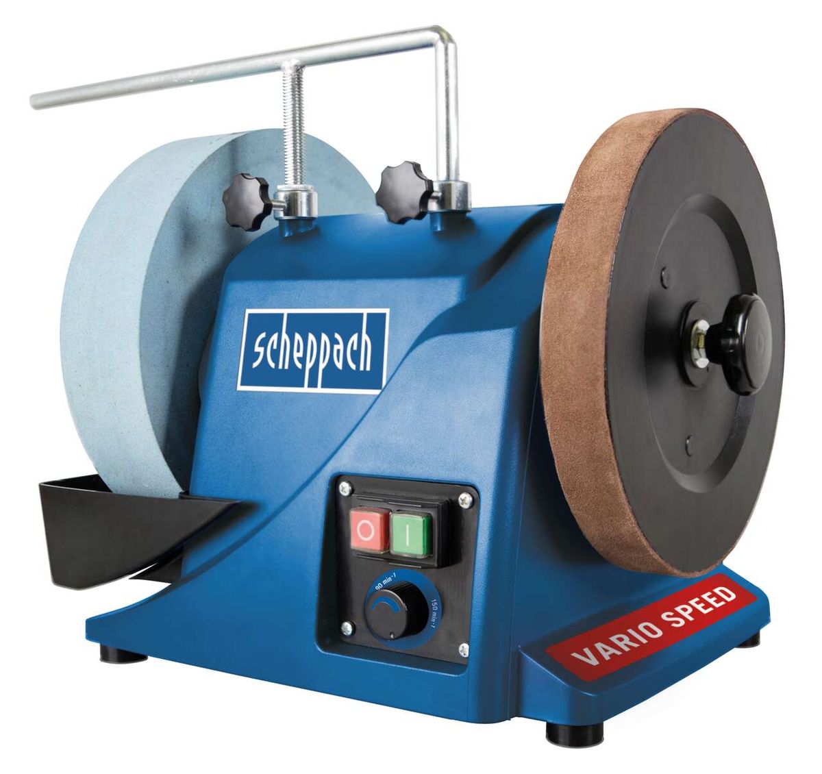 Nassschleifsystem W869 von Scheppach, Ansicht von vorne. Mit zwei Schleifscheiben und Bedienfeld.