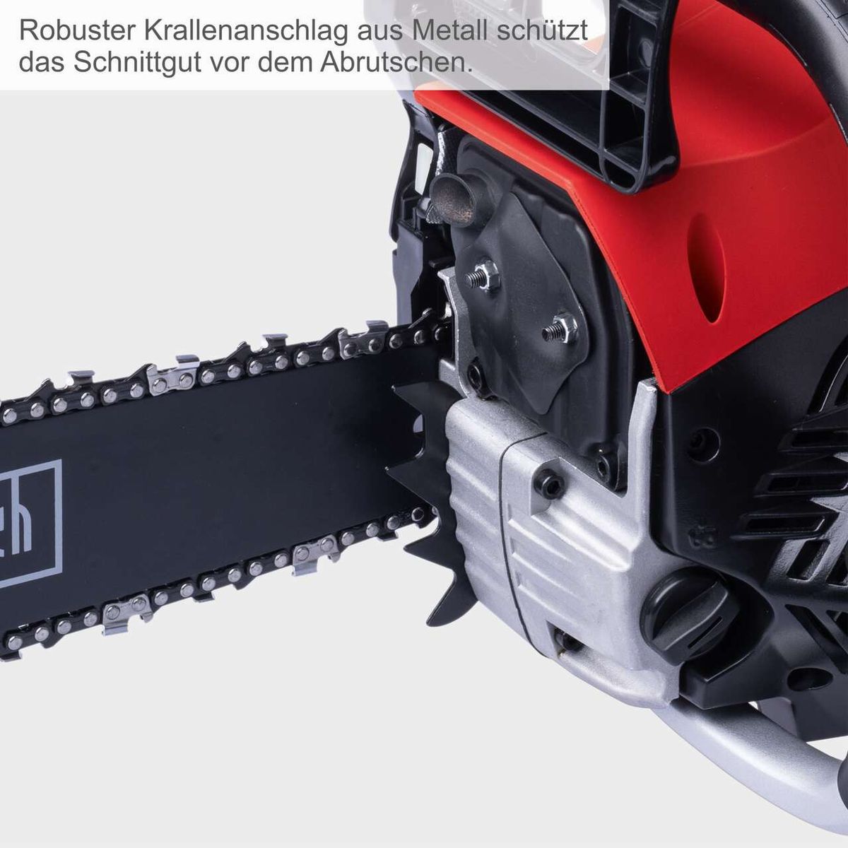 Robuster Metallkrallenanschlag für Scheppach-Kettensäge, schützt Schnittgut beim Abrunden