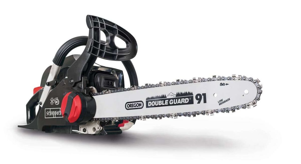 Scheppach Kettensäge CSP41 mit Oregon Double Guard 91 Kette, von der Seite gezeigt.