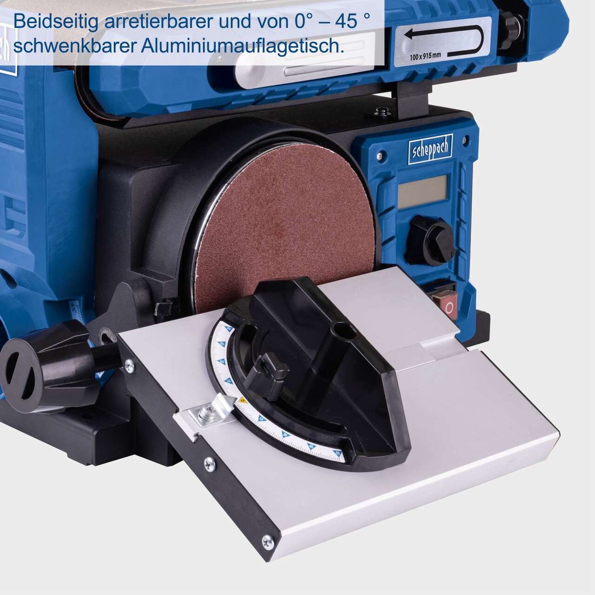 Beidseitig arretierbarer und von 0° bis 45° schwenkbarer Aluminiumauflagetisch. Scheppach Band- & Tellerschleifer BTS800Vario mit 400W Leistung, Schleifband 915x100mm und Ø150mm Schleifteller.