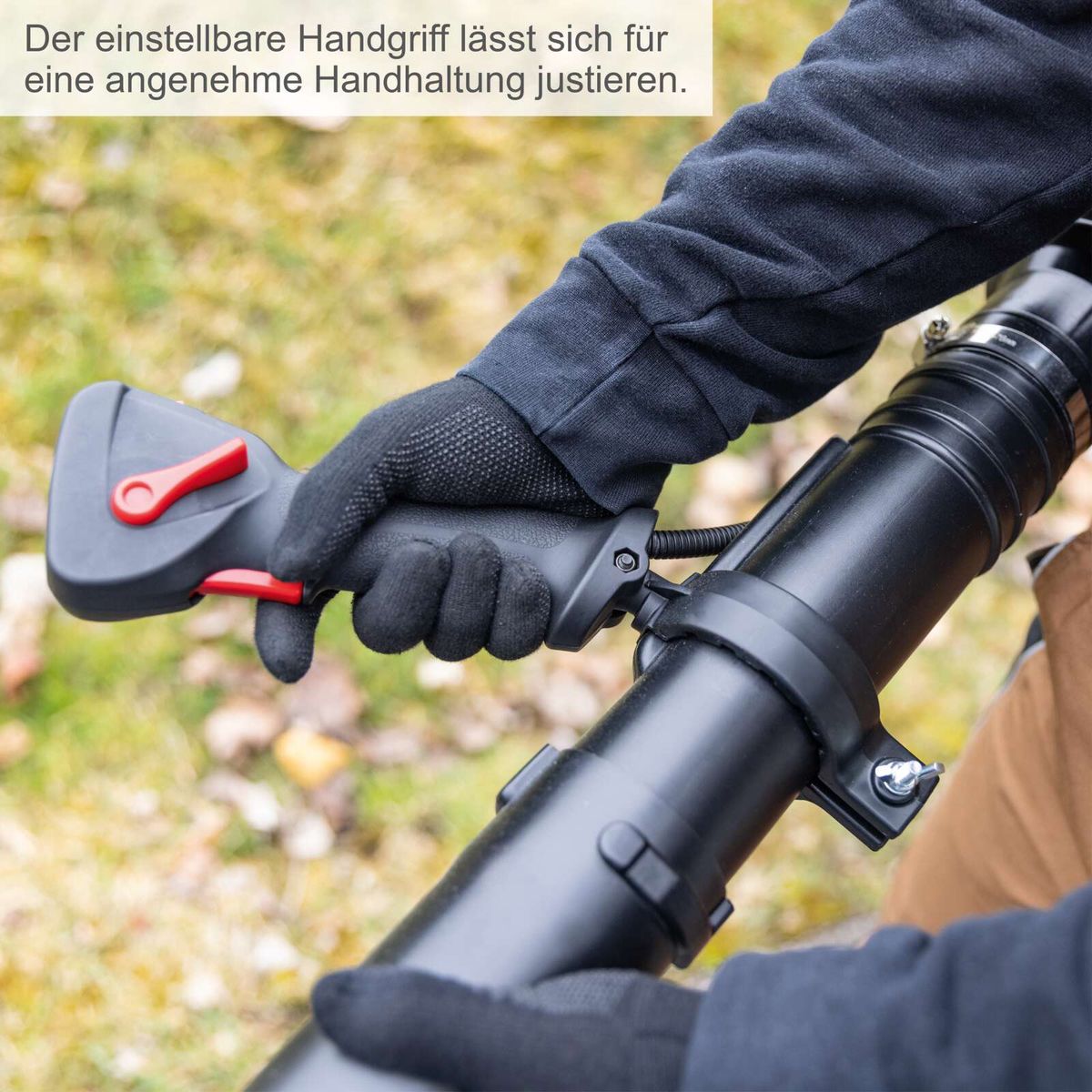 Der einstellbare Handgriff lässt sich für eine angenehme Handhaltung justieren. Der Handgriff ist mit einer roten Sicherung gegen unbeabsichtigtes Lösen gesichert.