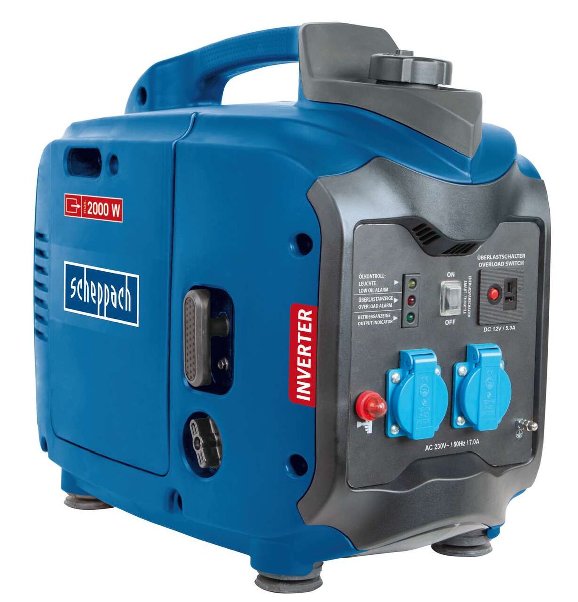 Inverter SG2000 von Scheppach, 2000 Watt Leistung, mit Steckdosen und Schaltern. Gezeigt von der Seite.