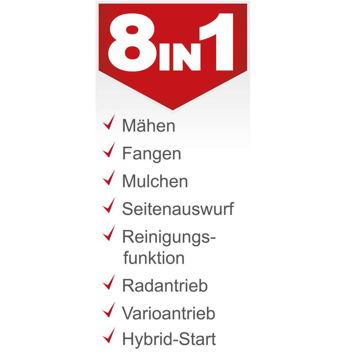 Der Benzin-Rasenmäher MS225-53E VS Scheppach bietet folgende Funktionen: Mähen, Fangen, Mulchen, Seitenauswurf, Reinigungsfunktion, Radantrieb, Varioantrieb und Hybrid-Start.