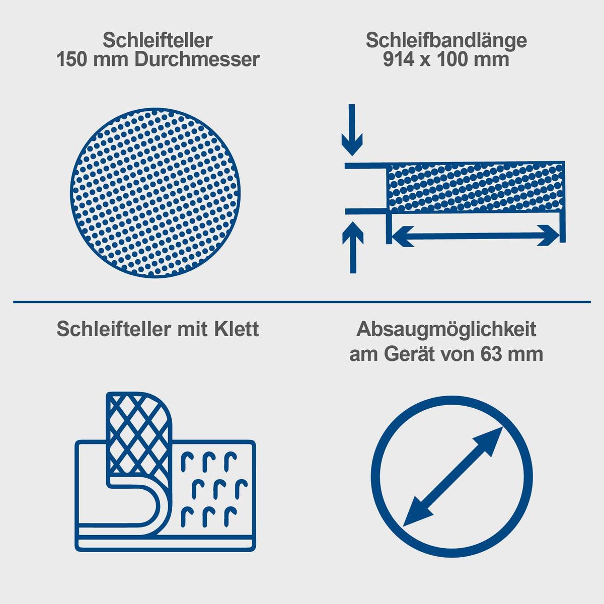 Der Band- und Tellerschleifer BTS900Vario hat einen Schleifteller mit 150 mm Durchmesser und eine Schleifbandlänge von 914 x 100 mm. Der Schleifteller ist mit Klett ausgestattet und bietet eine Absaugmöglichkeit am Gerät von 63 mm.