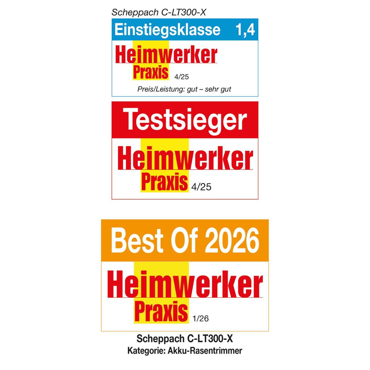 Scheppach Akku-Rasentrimmer C-LT300-X mit Auszeichnungen für beste Leistung und Preis-Leistungsklasse 1,4 nach Heimwerker Praxis 4/25 und Testsieger.