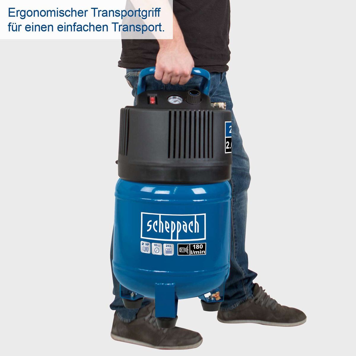 Ergonomischer Transportgriff für leichten Transport eines Scheppach-Kompressors mit 24-Liter-Kessel