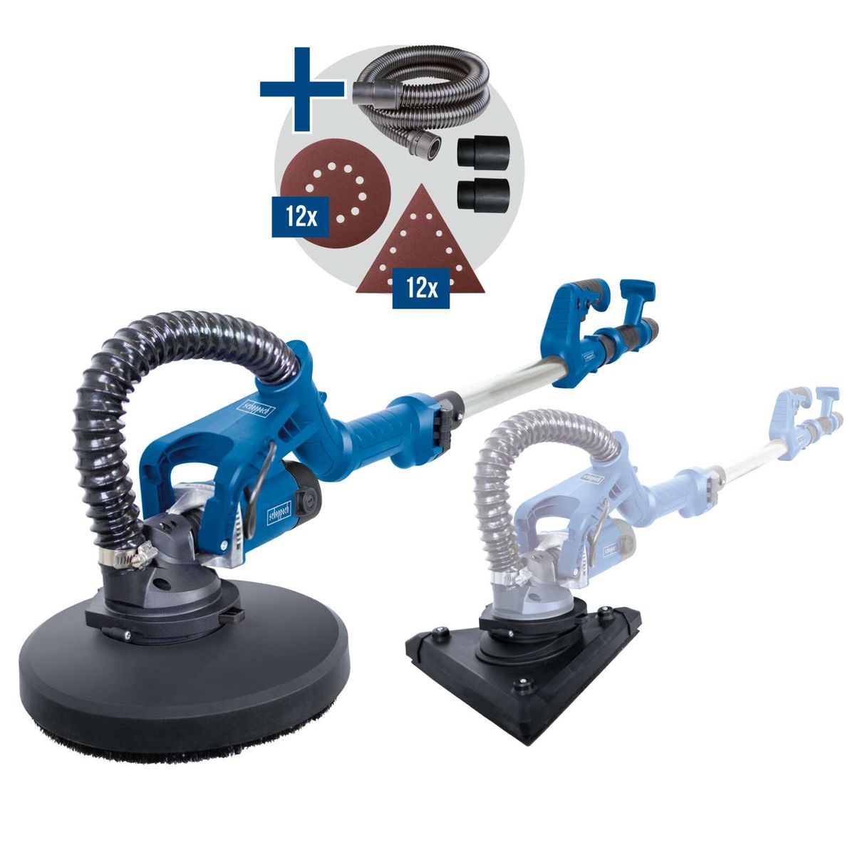 Scheppach Wand- und Deckenschleifer mit Rund- und Eckkopf, inkl. Sandpapier-Set und Schlauch