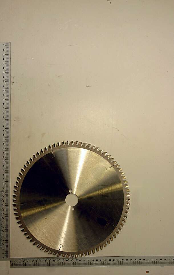 Ein Kreissägeblatt mit 270 mm Durchmesser, von der Seite fotografiert. Neben dem Sägeblatt ist ein Lineal zur Größenveranschaulichung zu sehen.