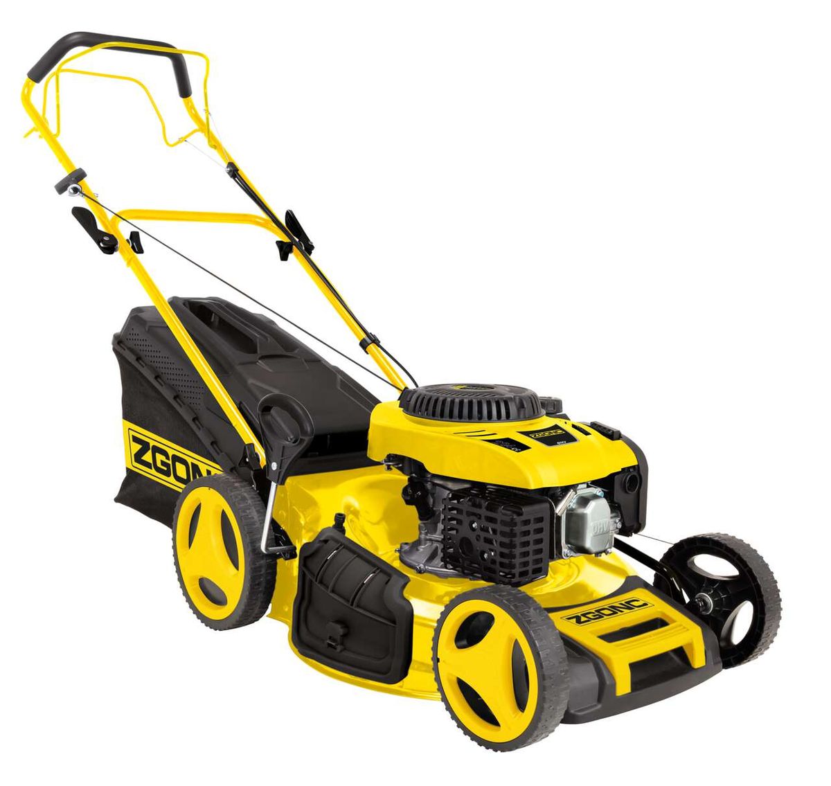 Rasenmäher MD531 Zgonc Yellow Garden Line, seitliche Ansicht, gelb-schwarzes Design, mit Grasfangkorb und Handgriff.