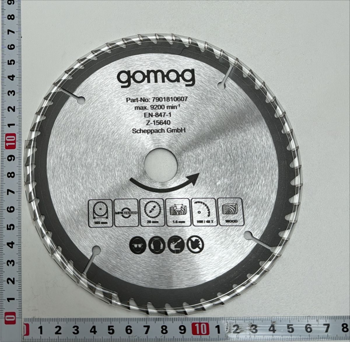 Scheppach-Kreissägeblatt mit Markierung für 165 mm Durchmesser, Teilnummer 7901810607