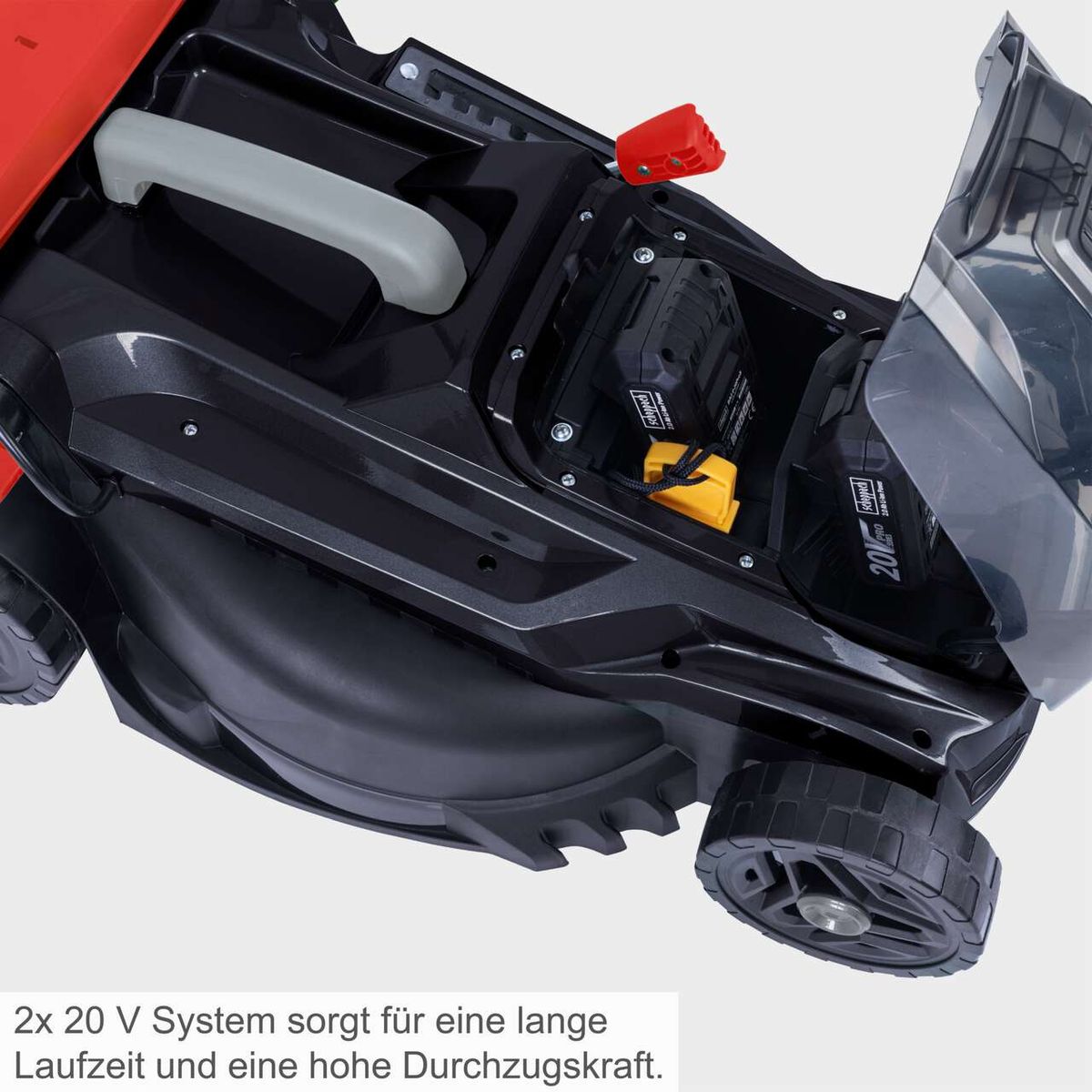 Der Akku-Rasenmäher BMP380-ProS von Scheppach verfügt über ein 2x 20 V System, das für eine lange Laufzeit und eine hohe Durchzugskraft sorgt.