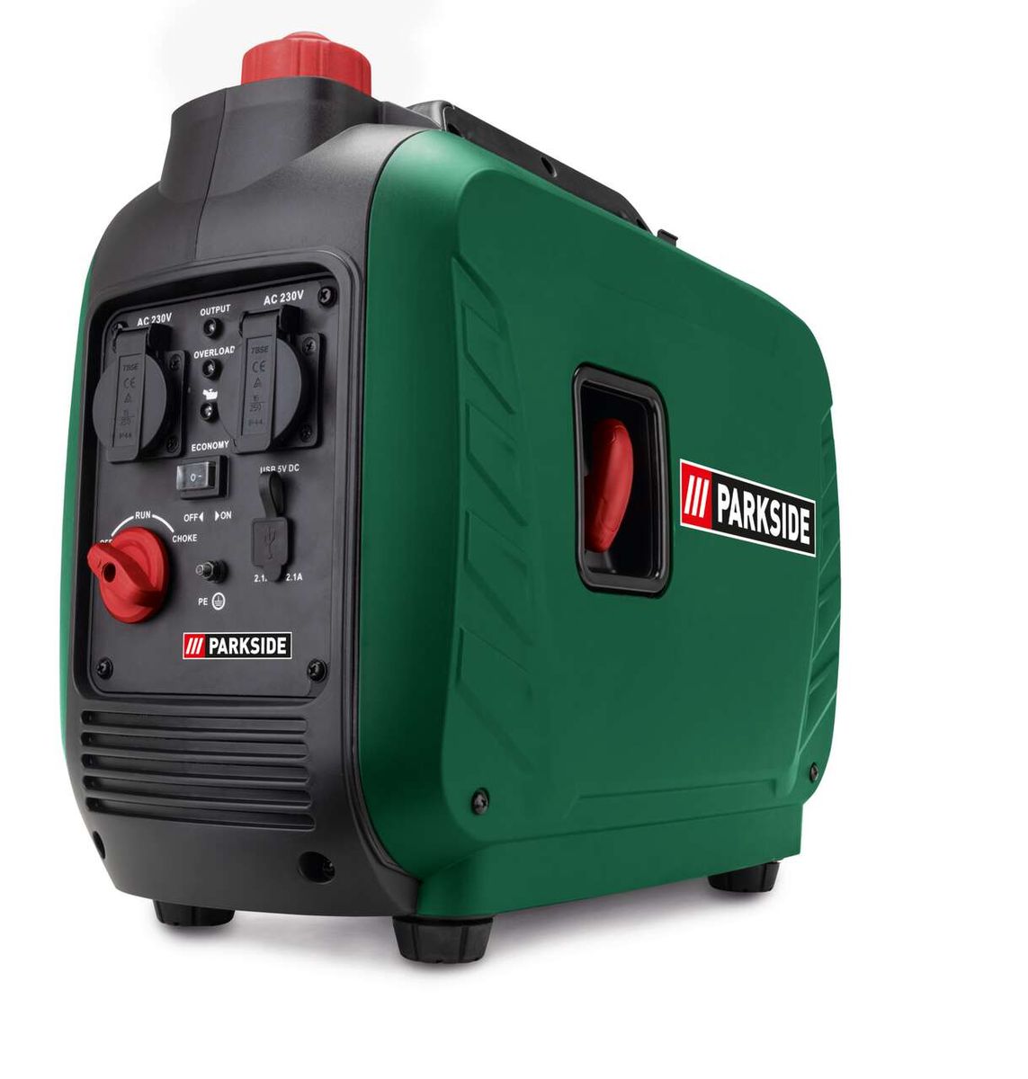 Inverter Stromerzeuger PISE 2000 A1 Parkside LB1, Ansicht von der Seite.