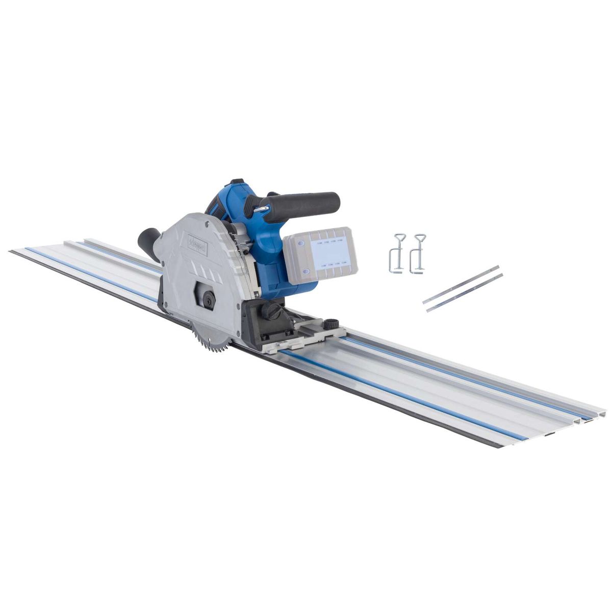 Scheppach-Kreissäge mit Parallelanschlag und zwei Führungsstiften für präzises Schneiden. Inklusive Zusatzschiene für erweiterte Schneidemöglichkeiten.