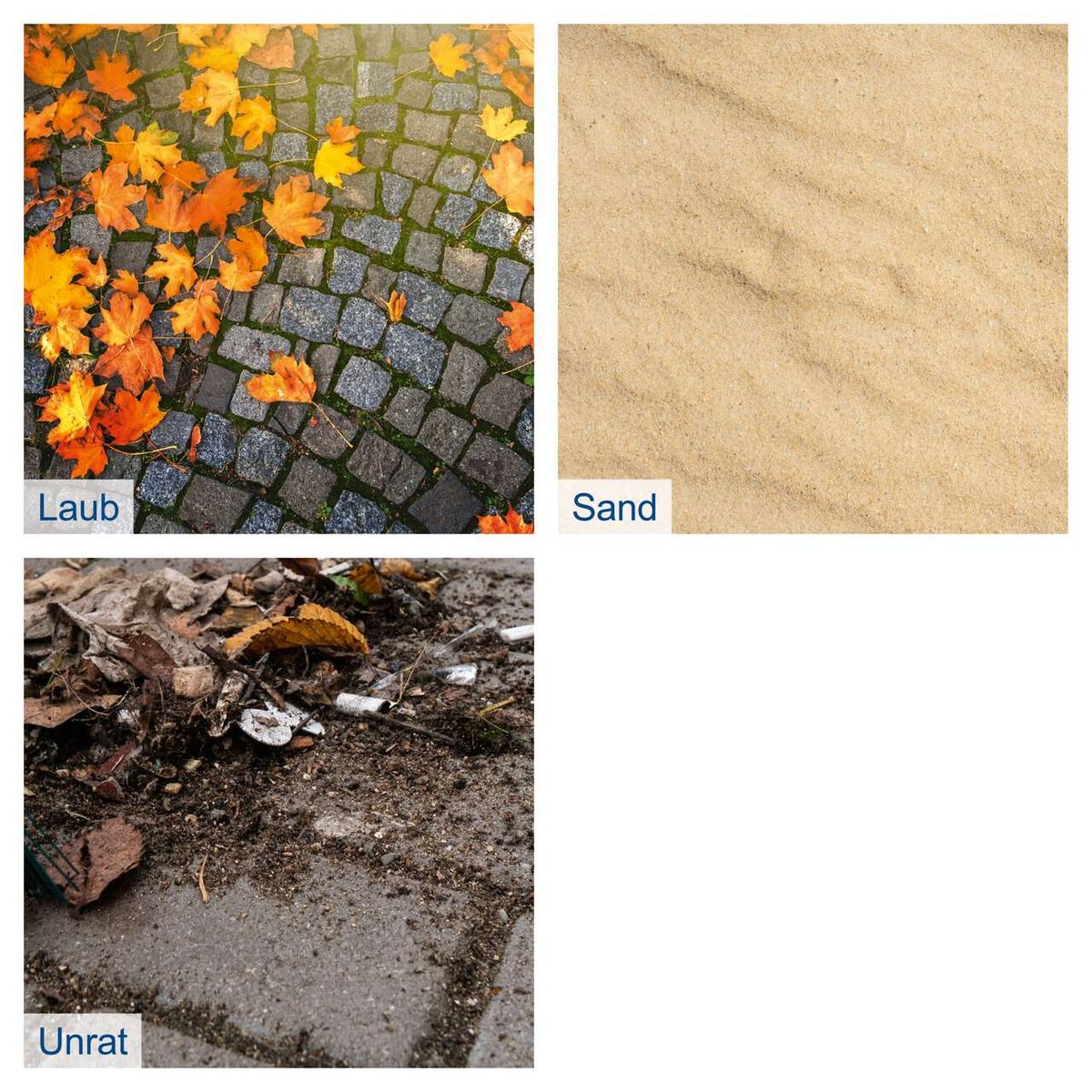 Der Akku-Laubsauger/-bläser BC-BLV720-X von Scheppach kann Laub, Sand und Unrat aufnehmen. Laub: bunte Blätter auf Pflaster. Sand: gelber Sand. Unrat: Blätter und Abfall auf Boden.