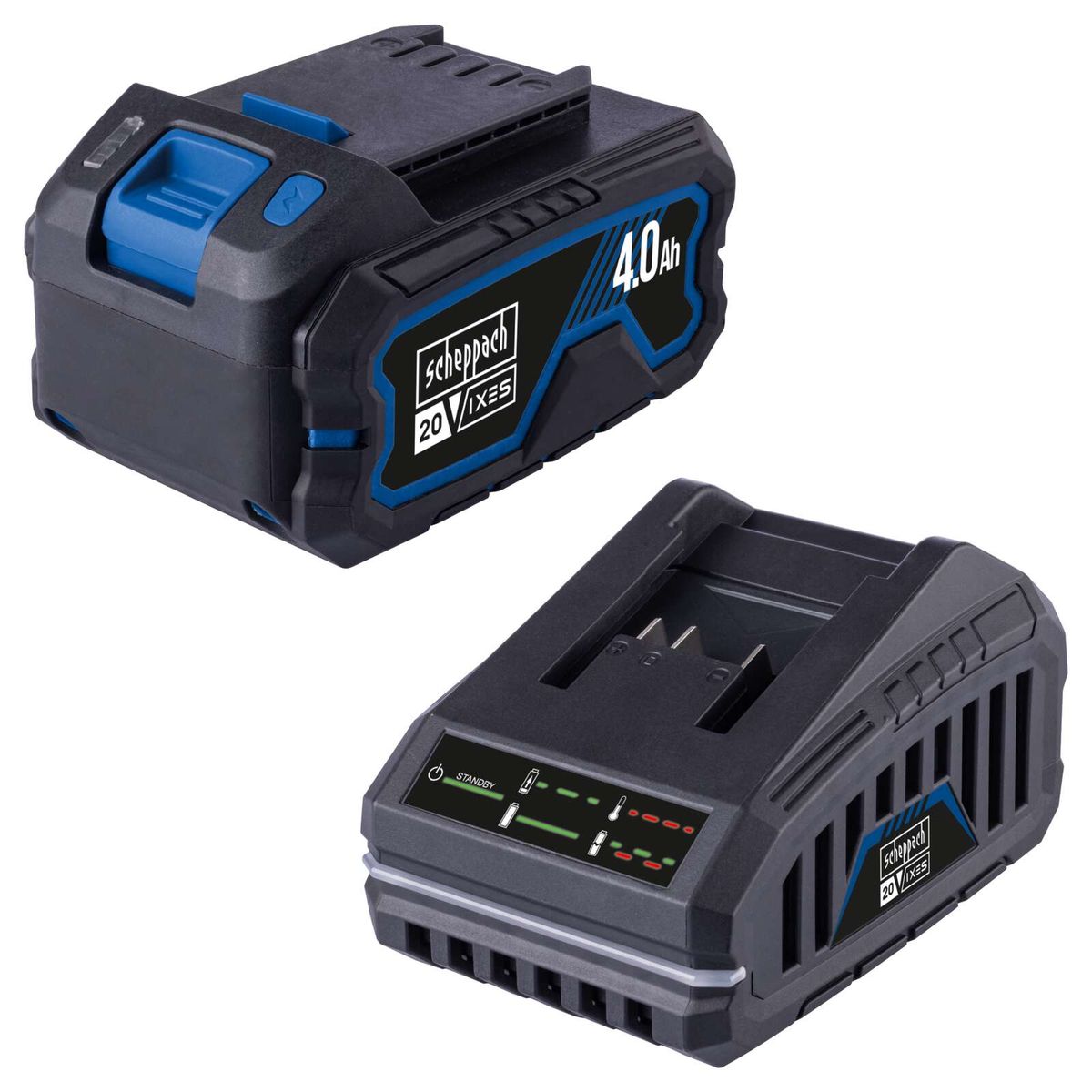 Scheppach-Ladegerät mit 40Ah-Batterie und Standby-Funktion für Akku-Ladung
