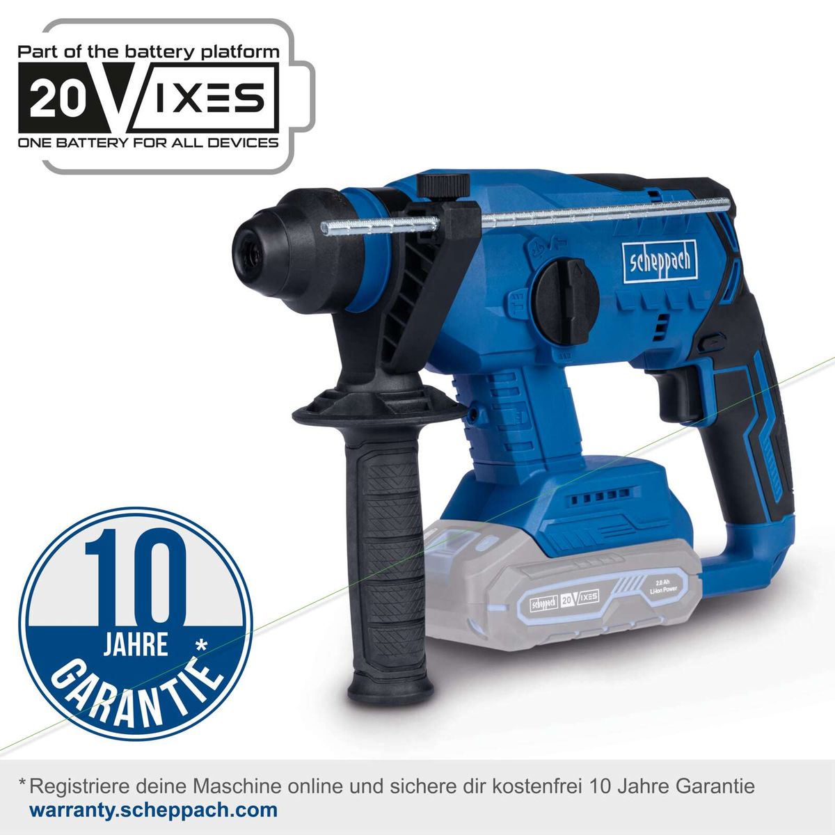Der Akku-Bohrhammer BC-RHD230-X von Scheppach ist Teil der 20VIXES Batterieplattform. Eine Batterie für alle Geräte. 10 Jahre Garantie bei Online-Registrierung. 20Vix5 Akkuplattform. 2.0 Ah Lithium Power Akku. Scheppach Logo.