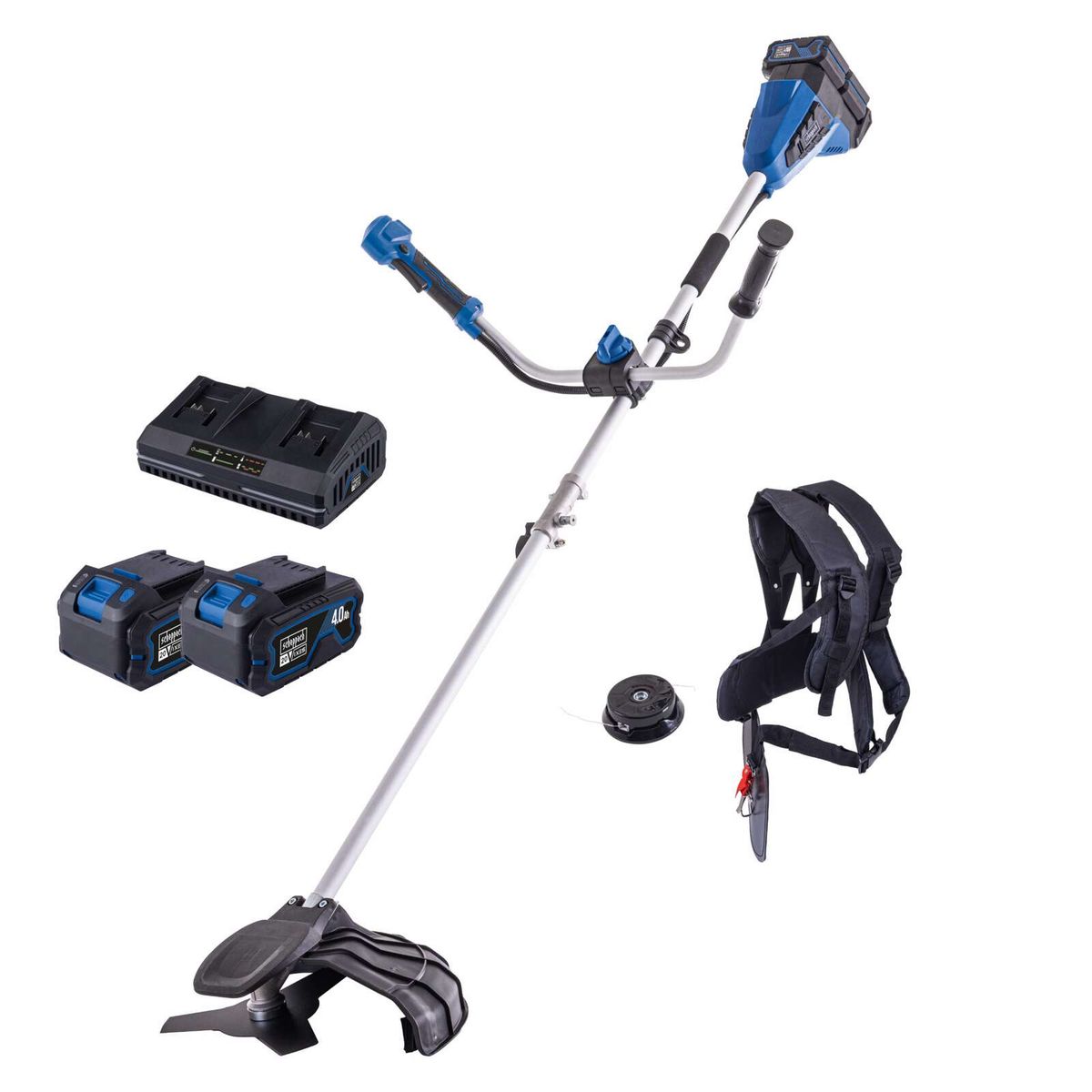 Scheppach Akku-Freischneider mit Akku-Ladegerät, Motor-Sense und Halterung für Akku und Werkzeug