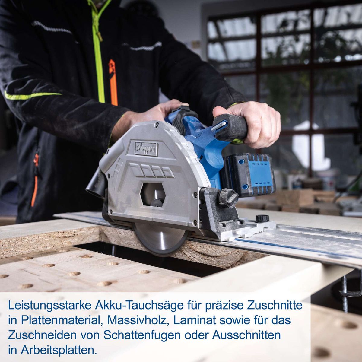 Akku-Tauchschere für präzise Schnitte in Holz und Plattenmaterial mit integrierter Führung