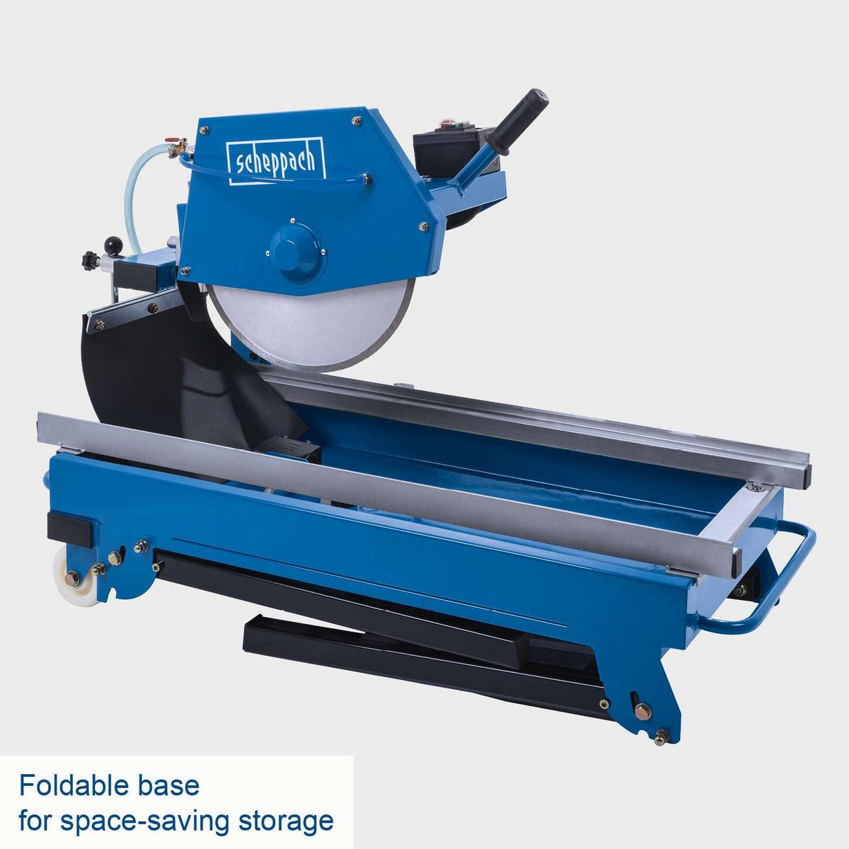 Foldable base for space-saving storage of a Scheppach stone-cutting machine with foldable worktable