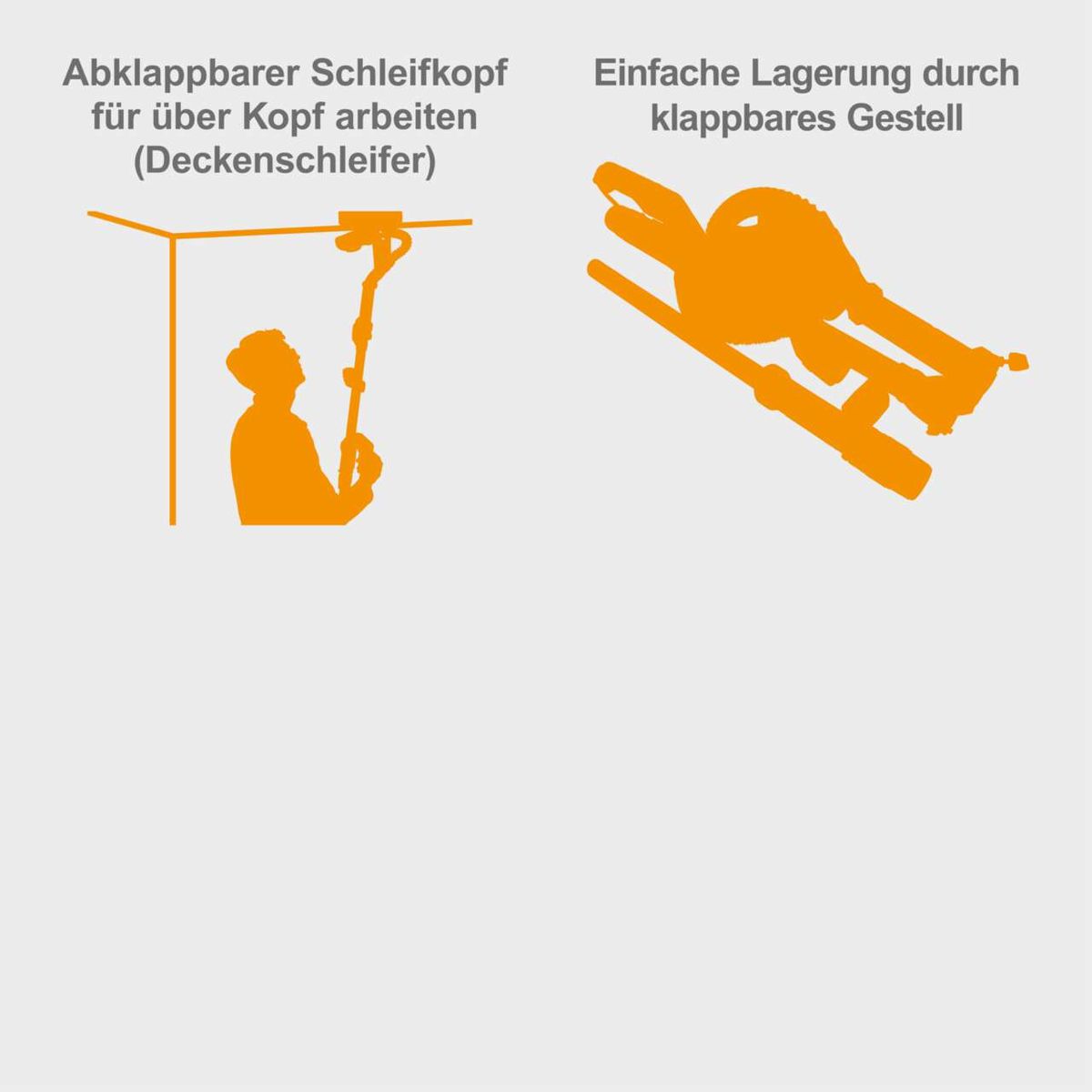 Der Wand- und Deckenschleifer DWS9 Woodster hat einen abklappbaren Schleifkopf für Arbeiten über Kopf und ein klappbares Gestell für einfache Lagerung.