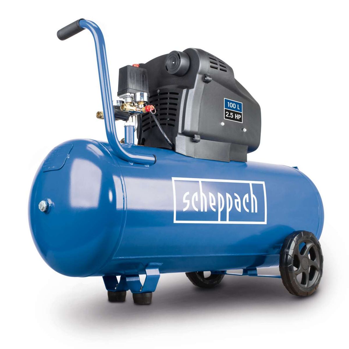 Scheppach Kompressor HC105DC, 100L Kessel, 2,5PS, seitliche Ansicht.