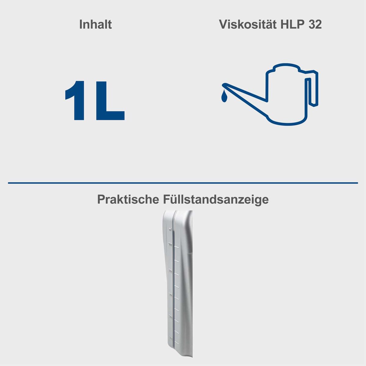 Hydrauliköl mit 1 Liter Inhalt und Viskosität HLP 32. Praktische Füllstandsanzeige für einfache Überprüfung.