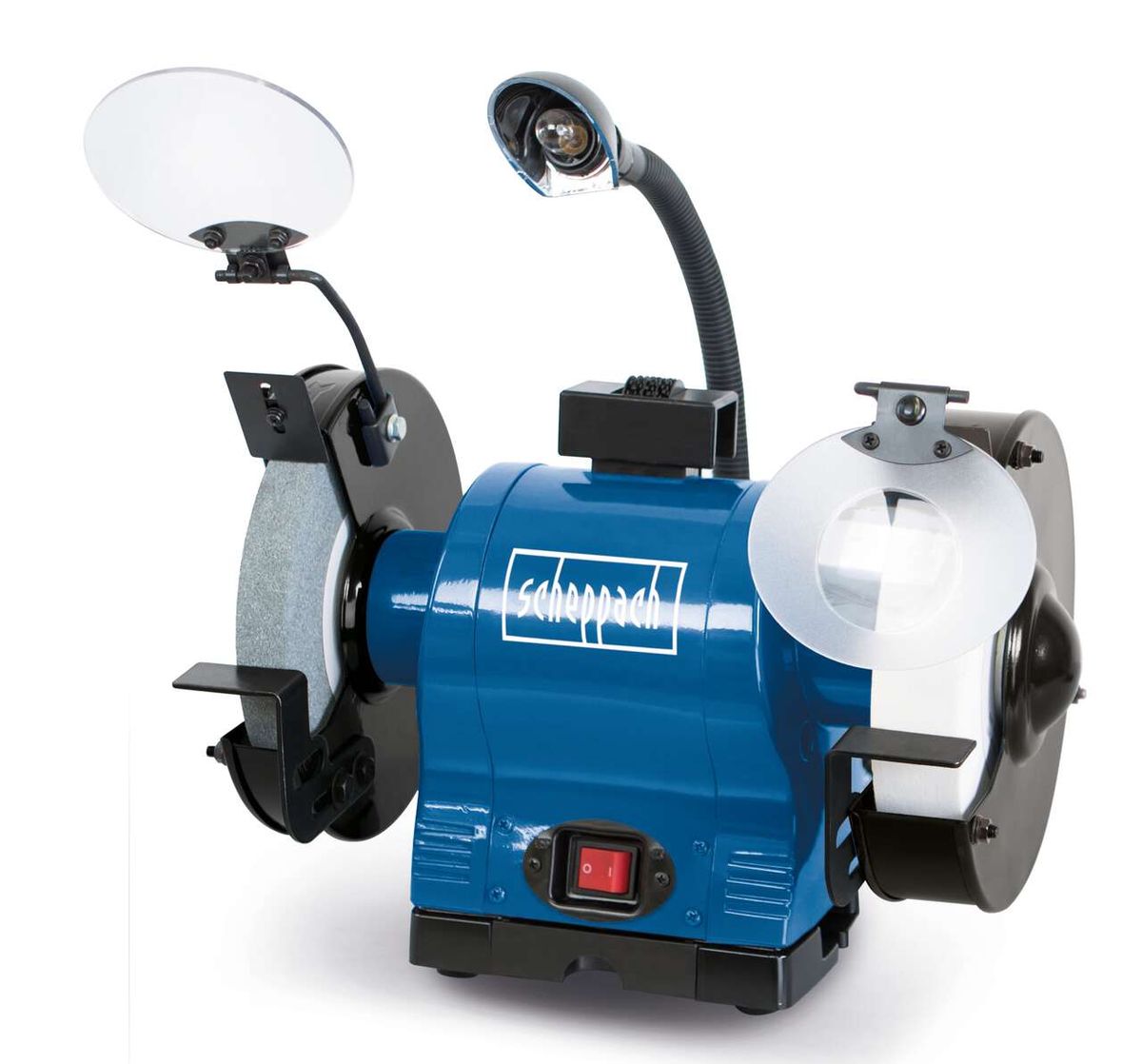 Doppelschleifer BG200AL von Scheppach, von vorne fotografiert. Der Doppelschleifer hat zwei Schleifscheiben und eine Lampe.