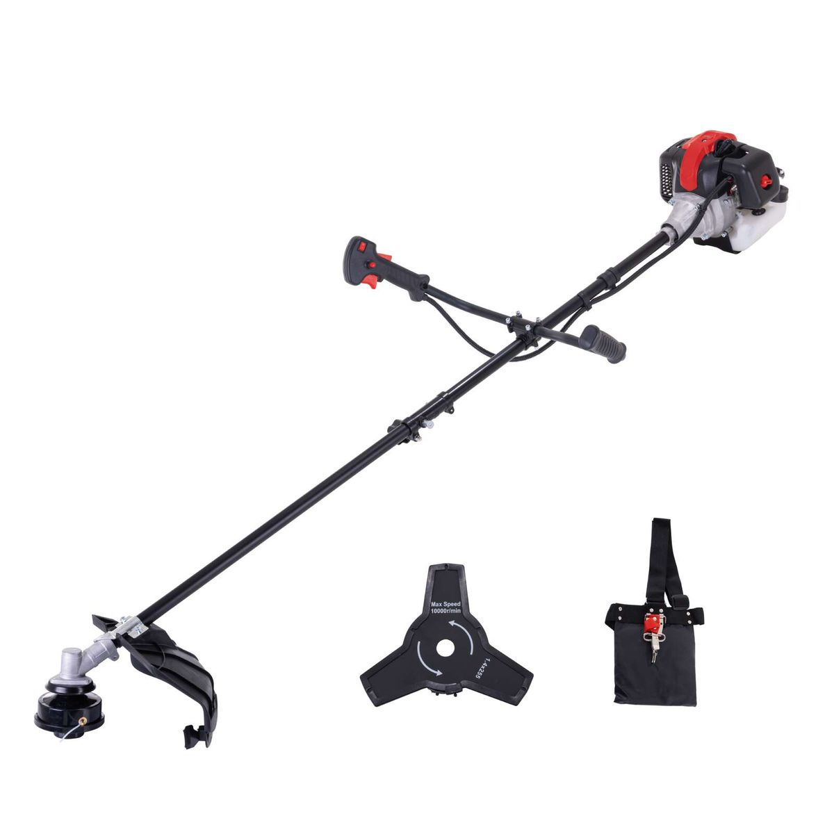 Scheppach-Petrol-Freischneider mit Motoraufhängung, Seilzugstarter und Schnellspanner für Rasenpflege