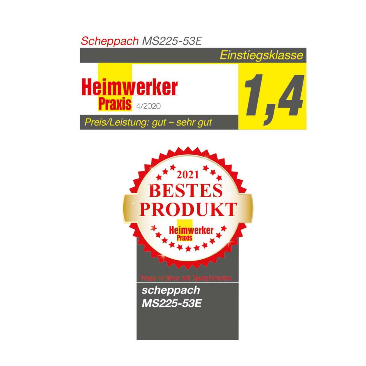 Der Scheppach MS225-53E Rasenmäher wurde von Heimwerker Praxis als bestes Produkt 2021 ausgezeichnet. Er erhielt die Bewertung 1,4 in der Einstiegsklasse und wurde für sein Preis-Leistungs-Verhältnis gelobt.