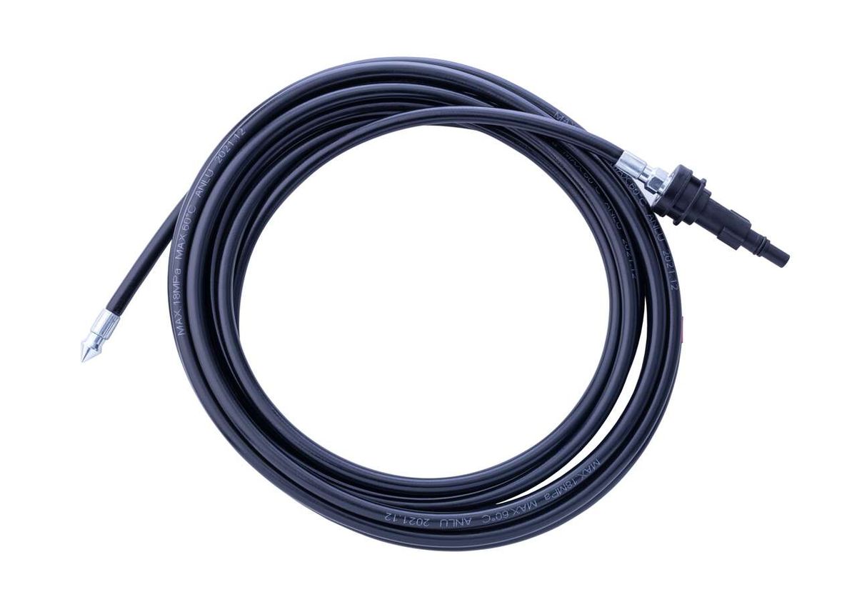 Rohrreiniger 6m für Hochdruckreiniger von Scheppach, Ansicht von der Seite.