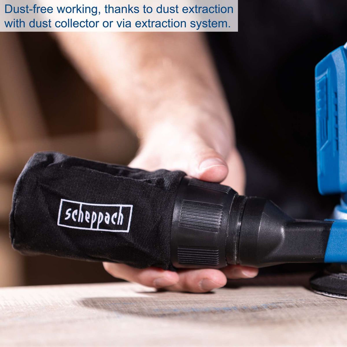 The Scheppach cordless orbital sander allows dust-free working thanks to integrated dust extraction. Ideal for precise sanding.