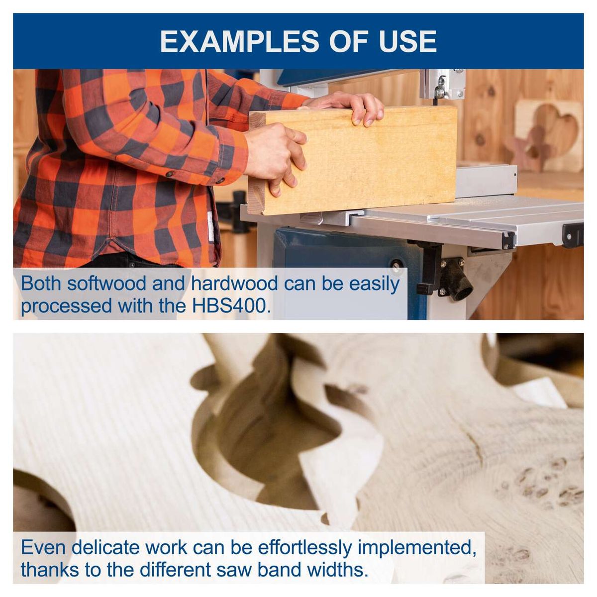 The Bandsaw HBS400 by Scheppach can easily process both softwood and hardwood. Thanks to the different saw band widths, even delicate work can be effortlessly implemented.