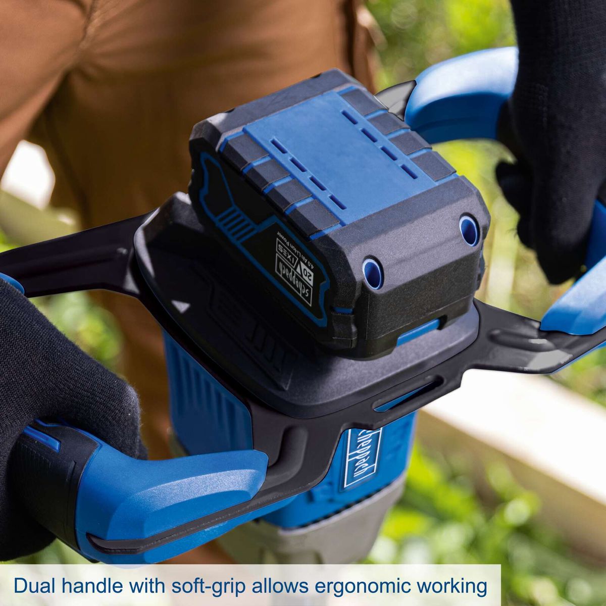 The Scheppach Cordless Earth Auger EB100-X features a dual handle with soft grip for ergonomic working. Includes 4Ah battery and 2.4A charger.