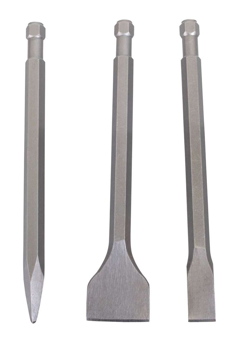 Meißelset Aero Spade von Scheppach, bestehend aus drei Meißeln: Spitzmeißel, Flachmeißel und Breitmeißel. Dargestellt von links nach rechts: Spitzmeißel, Breitmeißel, Flachmeißel.