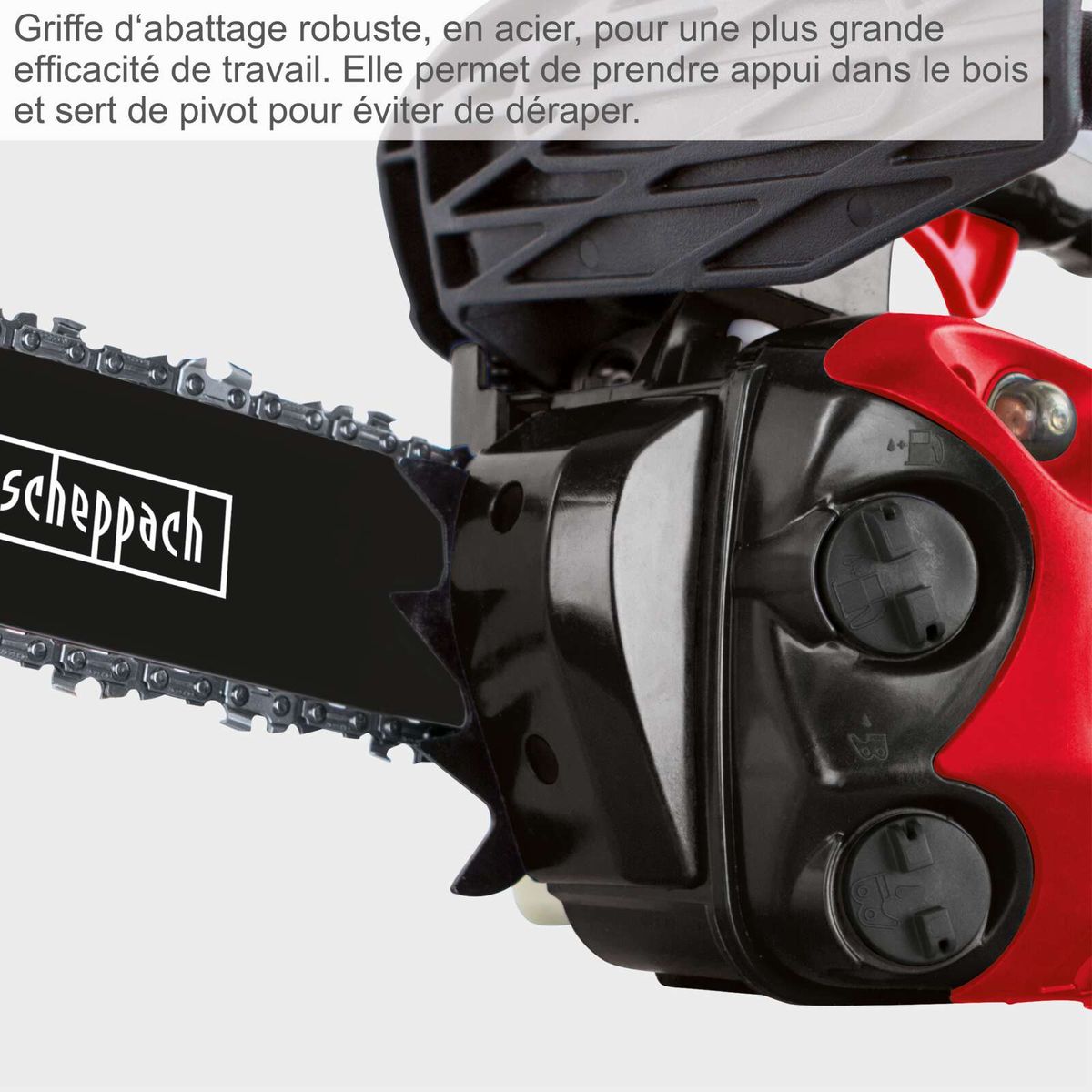 Die Kettensäge CSP2540 von Scheppach verfügt über eine robuste Abrisskante aus Stahl für eine höhere Arbeitsleistung. Sie ermöglicht die Abstützung im Holz und dient als Drehpunkt, um ein Rutschen zu verhindern.