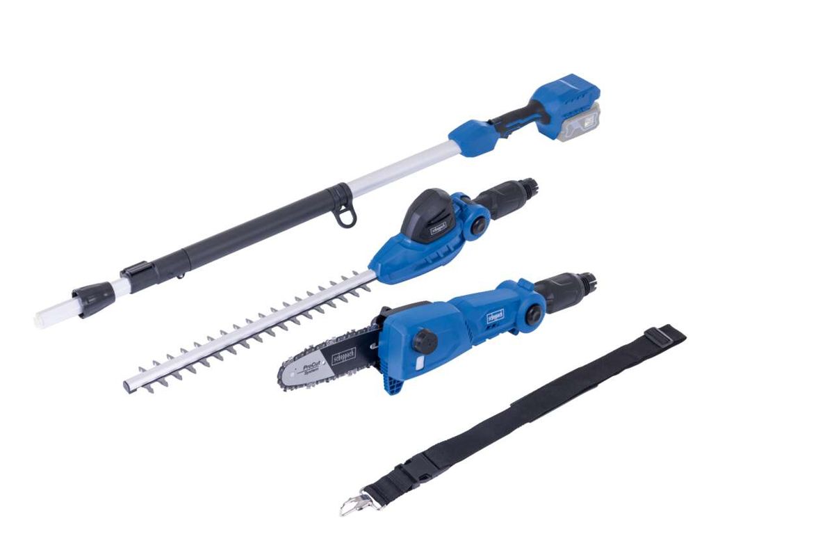 Akku-Multifunktionsgerät C-PHTS410-X Scheppach, gezeigt von der Seite. Das Set enthält eine Heckenschere, einen Hochentaster und eine Teleskopstange. Die Heckenschere hat eine Schnittlänge von 410 mm, der Hochentaster von 180 mm.