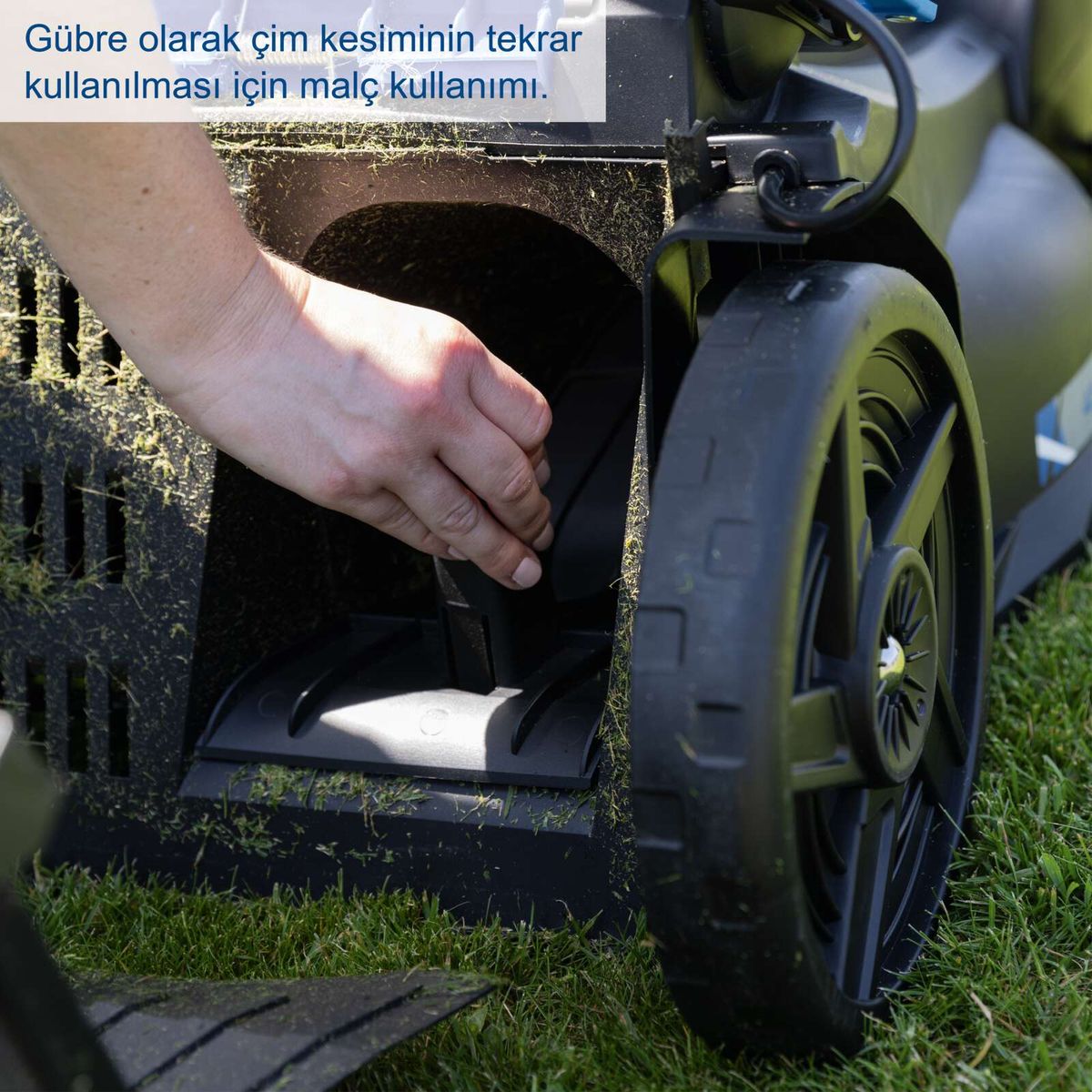 Gräserschneidekante für Scheppach Akku-Rasenmäher mit Hinweis auf Kompostierung des Schnittguts