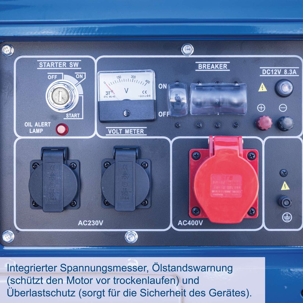 Diesel-Stromerzeuger mit integriertem Spannungsmesser, Ölstandswarnung und Überlastschutz für Motor und Geräte.