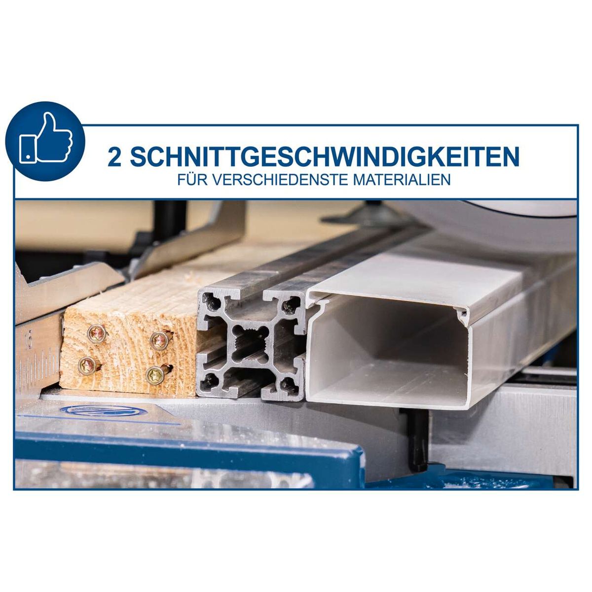 Die Kappzugsäge HM110MP von Scheppach bietet 2 Schnittgeschwindigkeiten für verschiedene Materialien wie Holz, Alu, Stahl, Kunststoff und Kupfer. Ideal für präzise Schnitte in unterschiedlichen Werkstoffen.