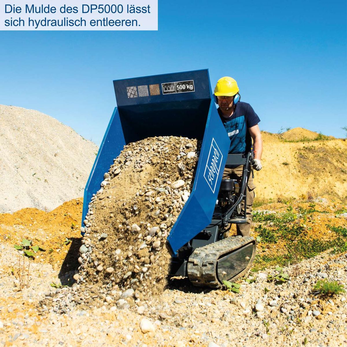 Der Kettendumper DP5000 von Scheppach lässt sich hydraulisch entleeren und hat eine Traglast von 500 kg. Er verfügt über einen Kettenantrieb und einen Hydraulik-Kippbehälter.