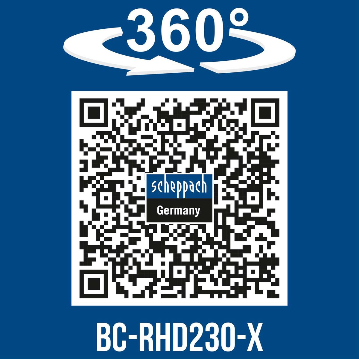 360°-Drehfunktion für präzise Bearbeitung, Scheppach-Tool BC-RHD230-X mit QR-Code für Deutschland
